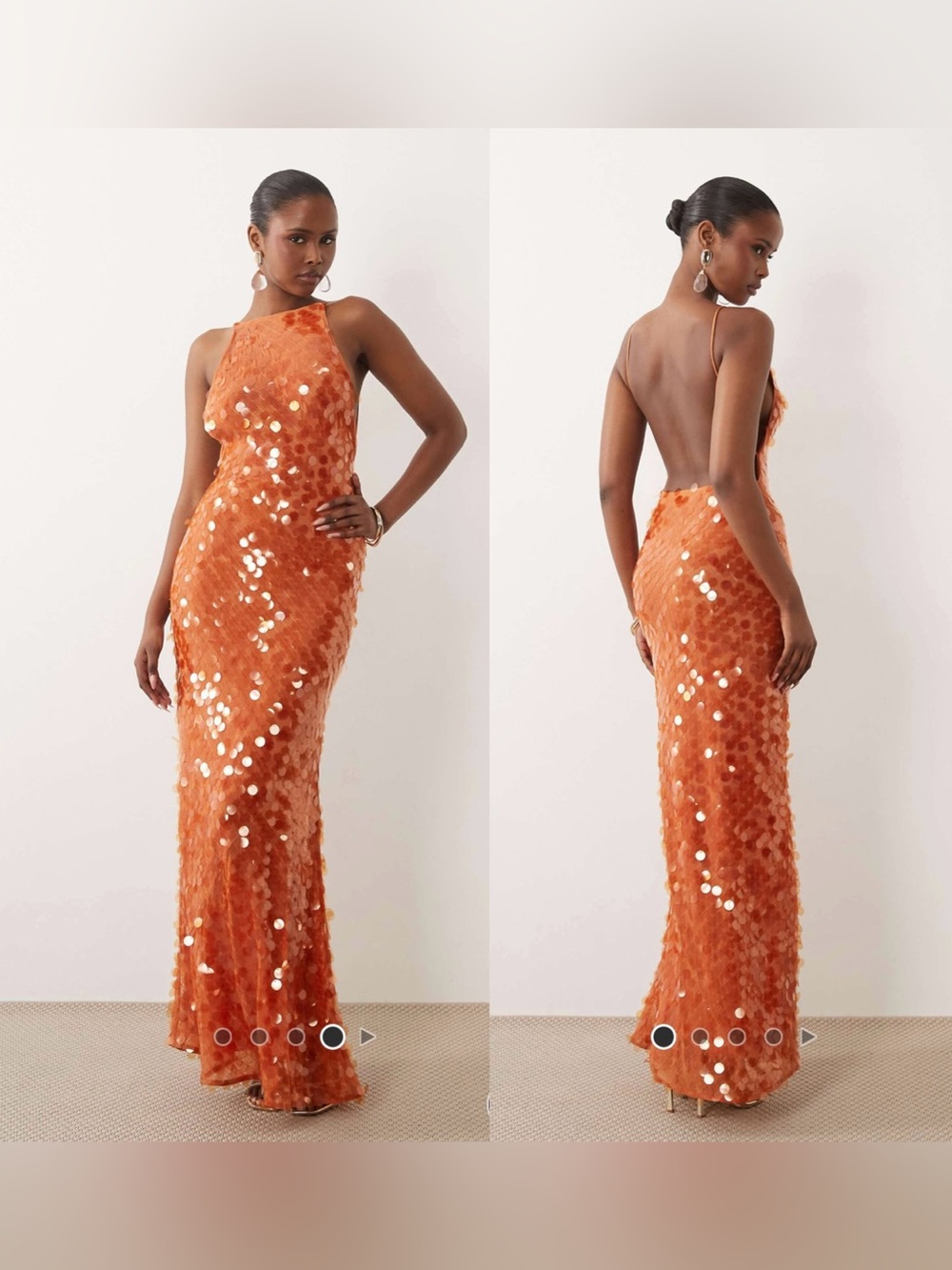 Orange sequin strappy maxi dress with open back detail